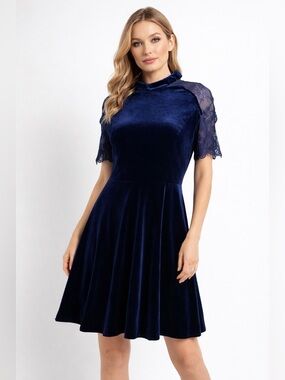 ALISA PAN  Navy blue  Velvet romantic whimsigoth Dress lace sheer Sleeves/14